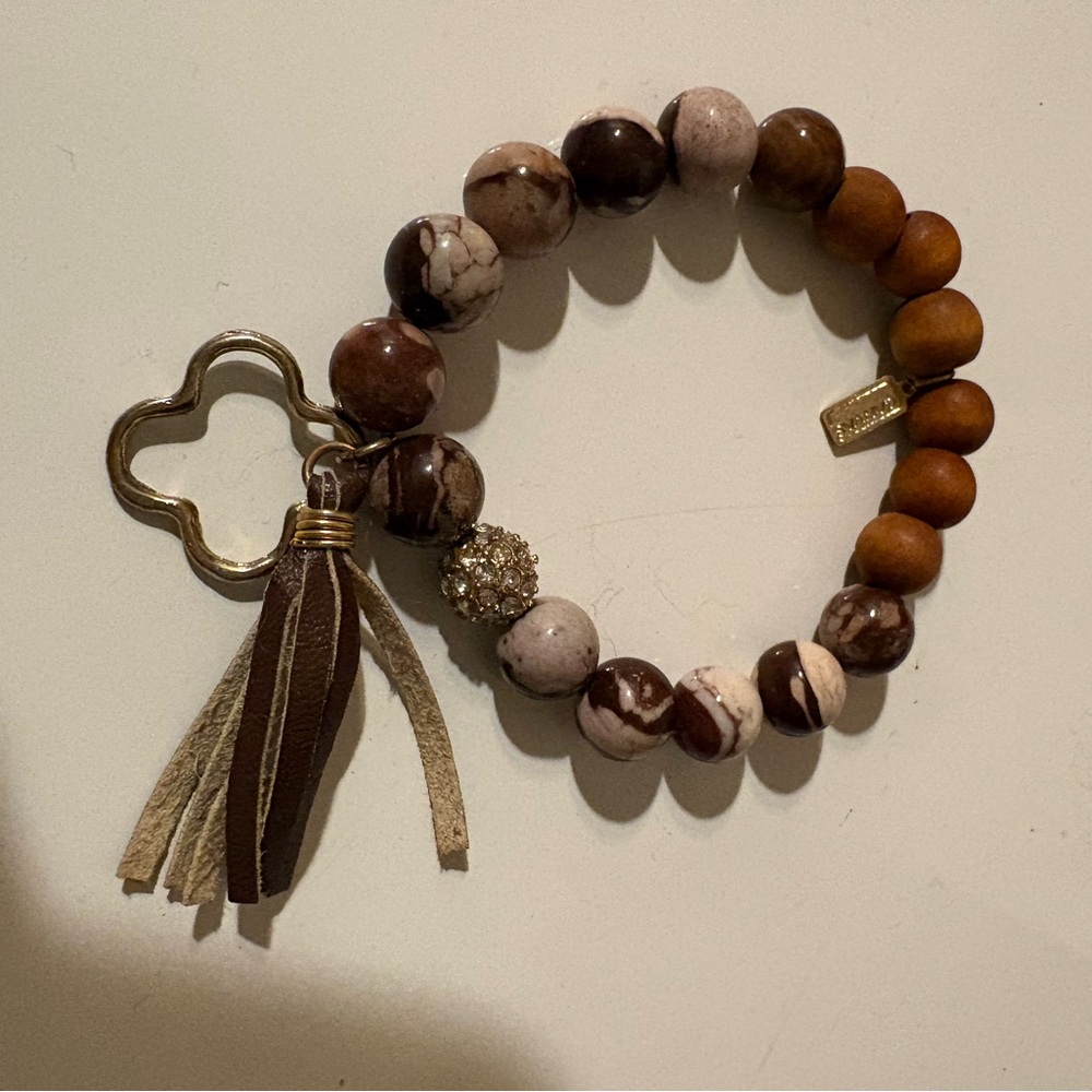 CANVAS Brown and Cream Beaded Bracelet with Tassel & Charm